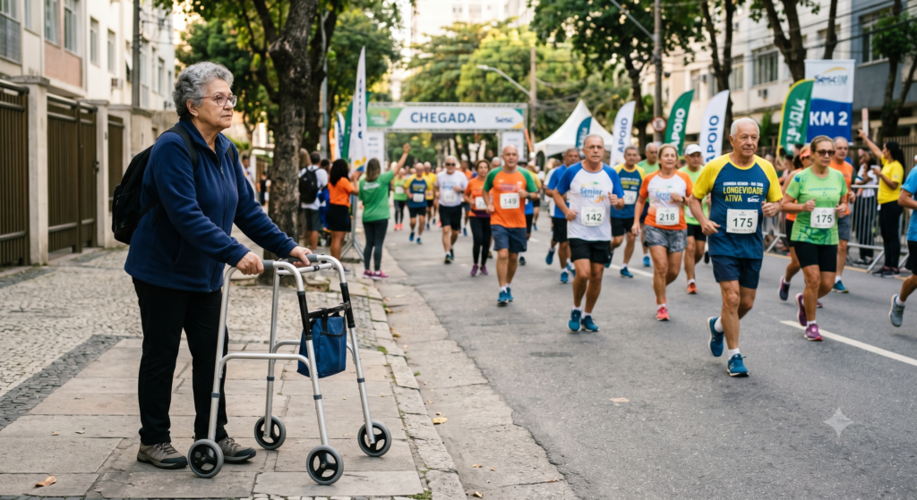 uma senhora de andador observando pessoas correndo na rua