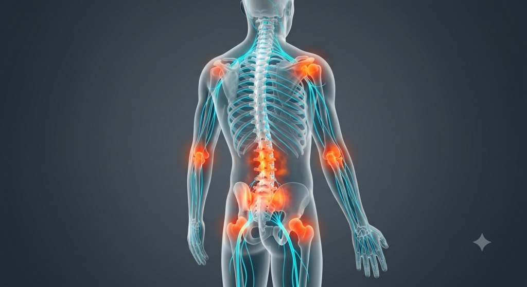 Ilustração 3D do sistema nervoso mostrando os pontos de dor crônica no corpo